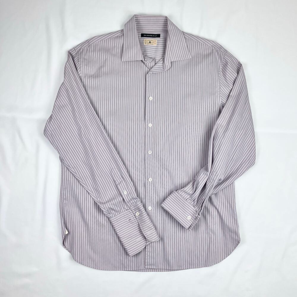 John Varvatos U.S.A. Purple White Stripe Cotton Button Shirt 16 1/2 LONG